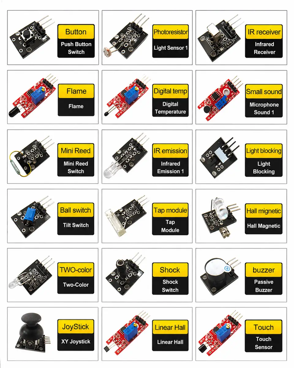 Sensor kit module list with light sound infrared and button modules