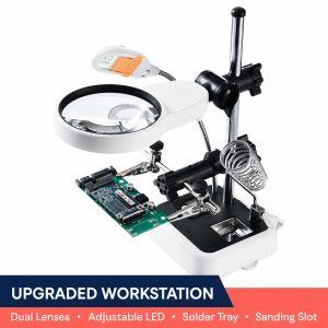 Precision soldering workstation with dual magnifying lenses and helping-hand clips