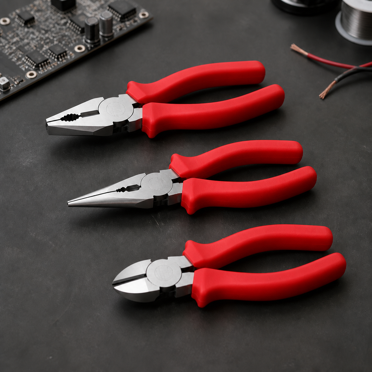 Combination, long-nose and diagonal cutting pliers on a maker workbench