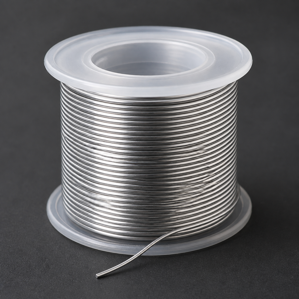 Detail visualization of neatly wound solder wire on a clear spool