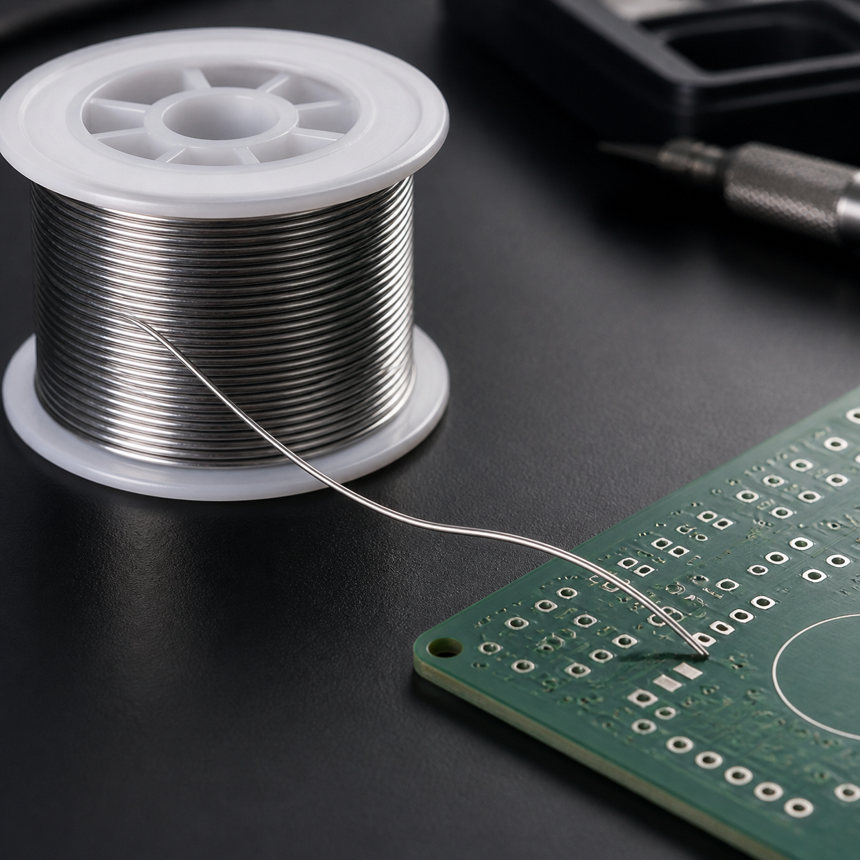Solder wire feeding from a spool toward an electronics board