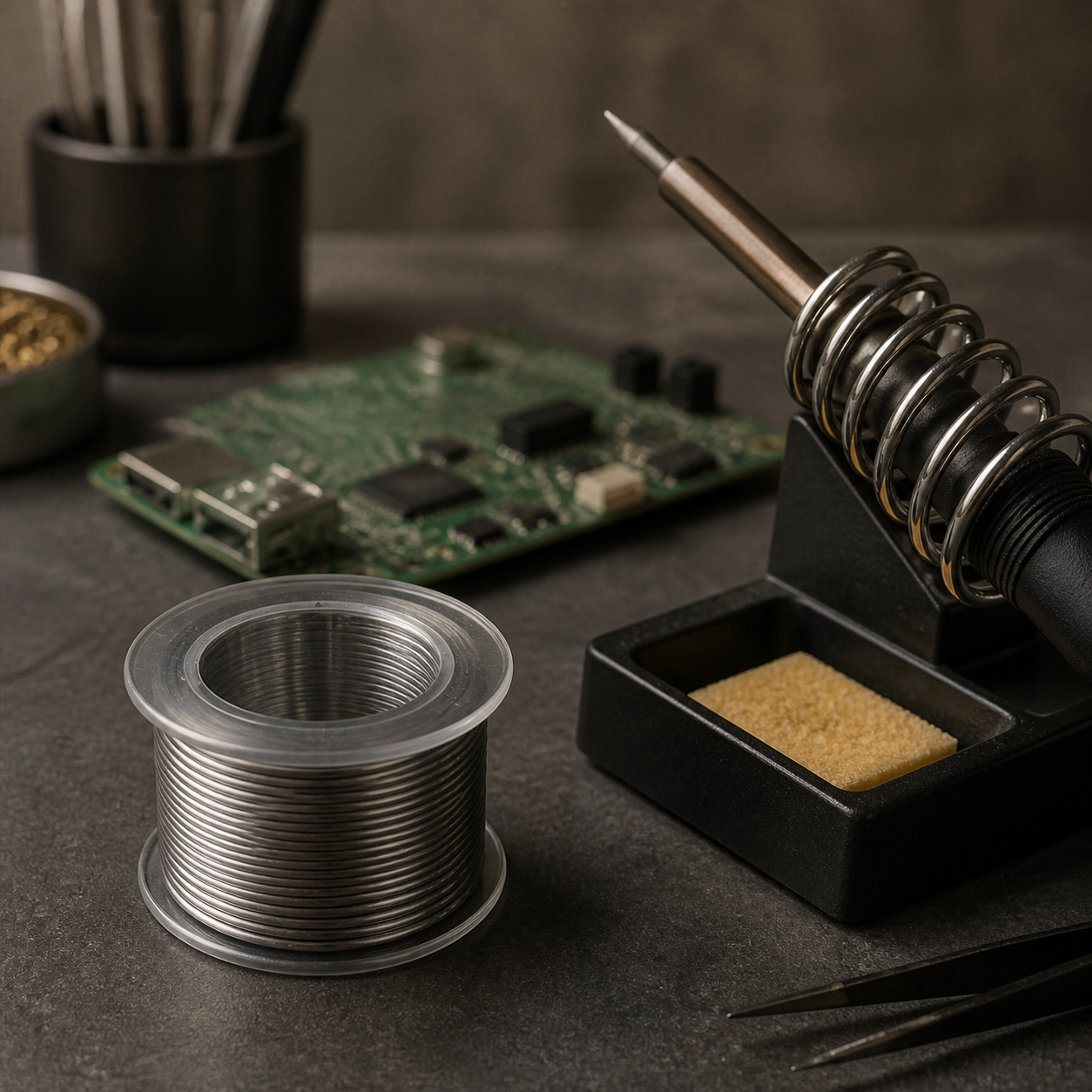 Solder wire spool beside an electronics workshop setup